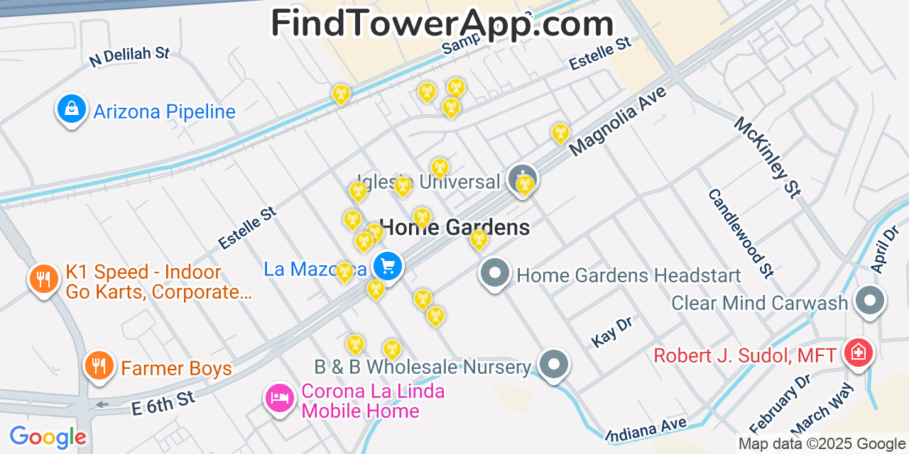 Map showing the 20 primary cell tower locations detected in Home Gardens, California from AT&T, Verizon, and T-Mobile networks