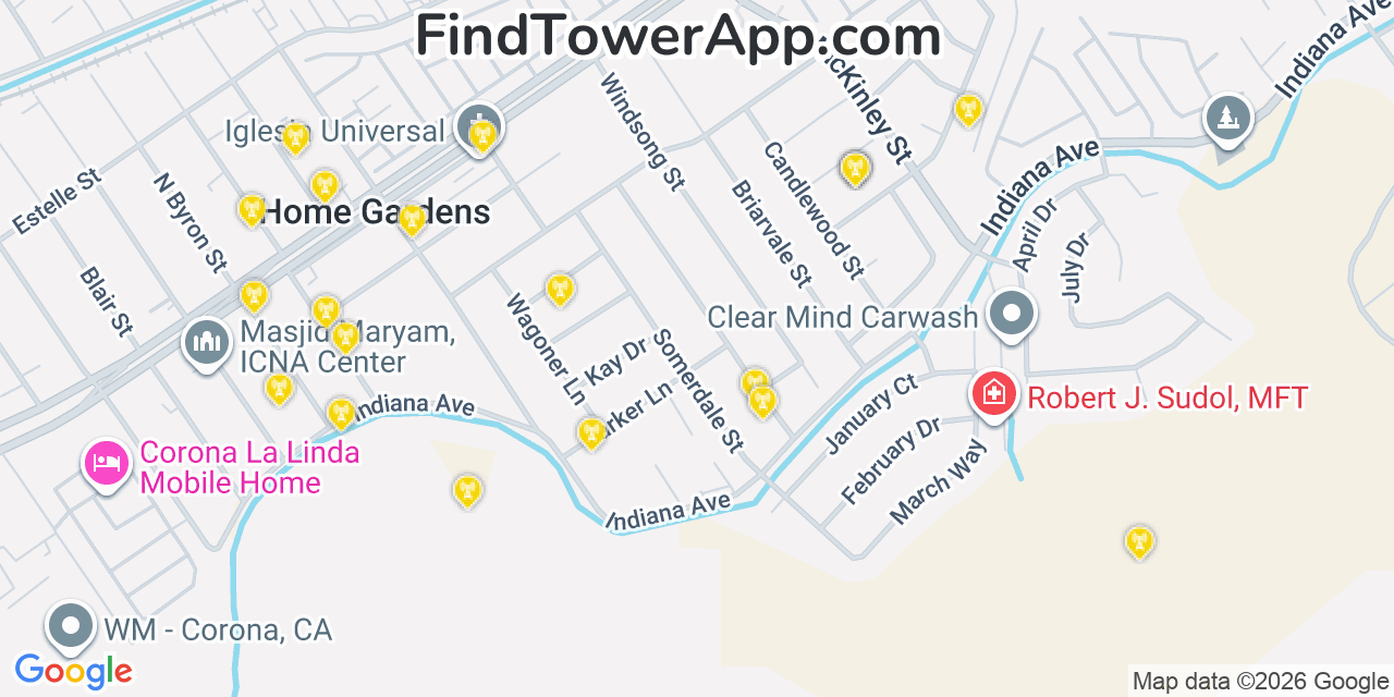 Map showing the 20 primary cell tower locations detected in Home Gardens, California from AT&T, Verizon, and T-Mobile networks