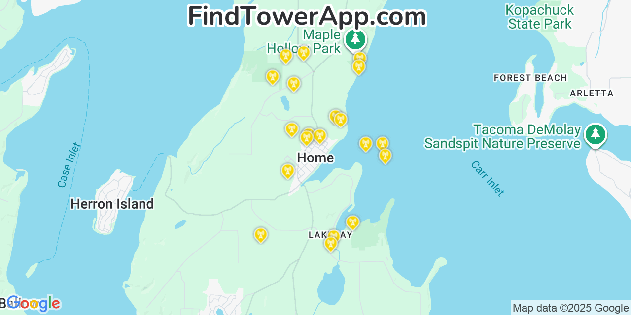 Map showing the 20 primary cell tower locations detected in Home, Washington from AT&T, Verizon, and T-Mobile networks