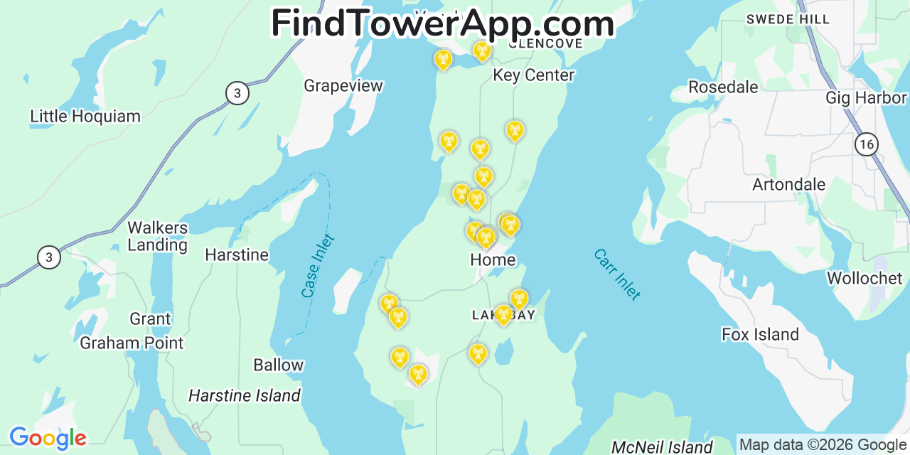 Map showing the 20 primary cell tower locations detected in Home, Washington from AT&T, Verizon, and T-Mobile networks
