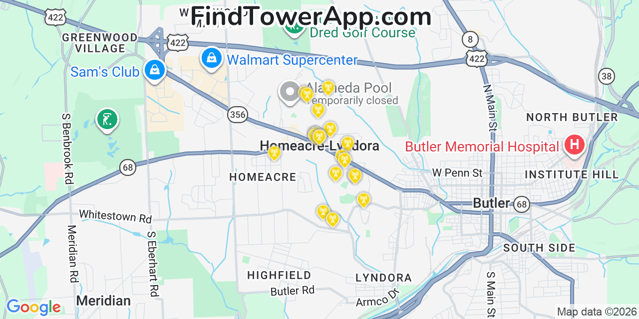 Map showing the 20 primary cell tower locations detected in Homeacre Lyndora, Pennsylvania from AT&T, Verizon, and T-Mobile networks