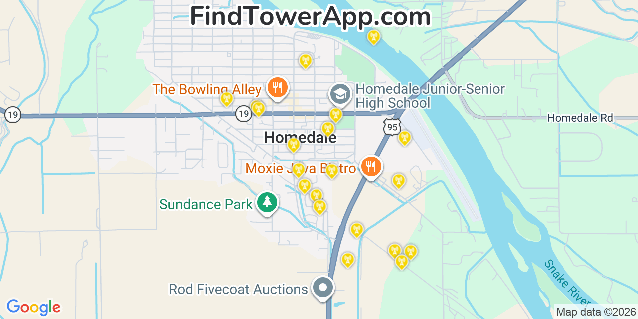 Map showing the 20 primary cell tower locations detected in Homedale, Idaho from AT&T, Verizon, and T-Mobile networks