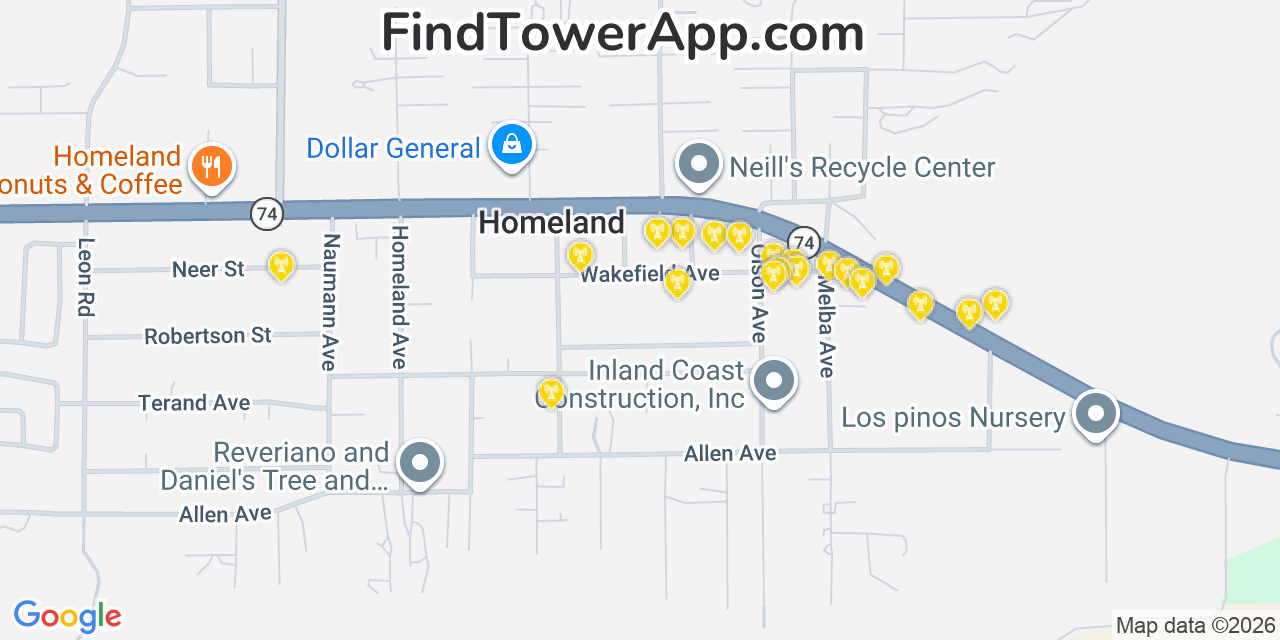 Map showing the 20 primary cell tower locations detected in Homeland, California from AT&T, Verizon, and T-Mobile networks
