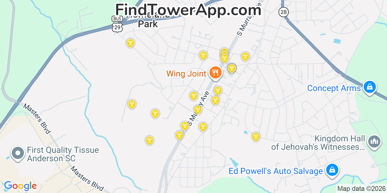 Map showing the 20 primary cell tower locations detected in Homeland Park, South Carolina from AT&T, Verizon, and T-Mobile networks