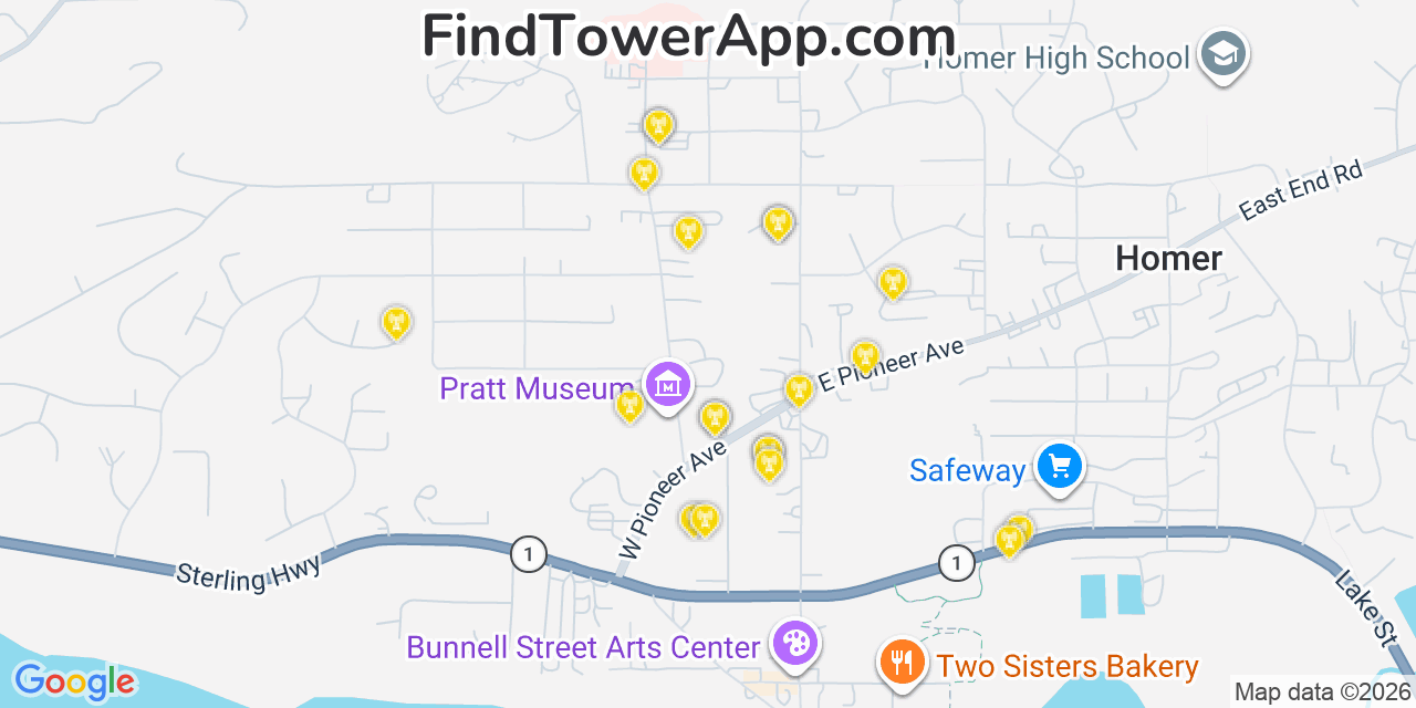 Map showing the 20 primary cell tower locations detected in Homer, Alaska from AT&T, Verizon, and T-Mobile networks