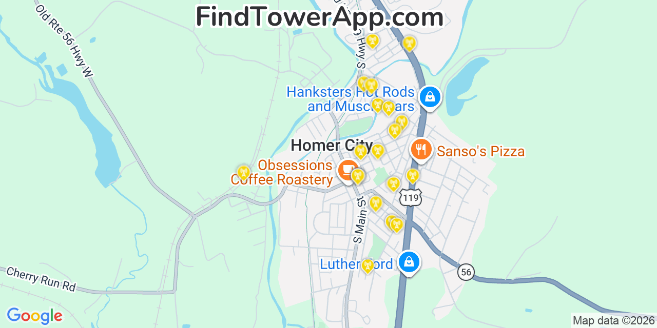 Map showing the 20 primary cell tower locations detected in Homer City, Pennsylvania from AT&T, Verizon, and T-Mobile networks