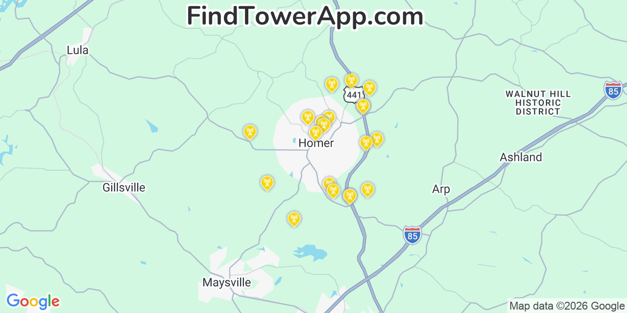 Map showing the 20 primary cell tower locations detected in Homer, Georgia from AT&T, Verizon, and T-Mobile networks
