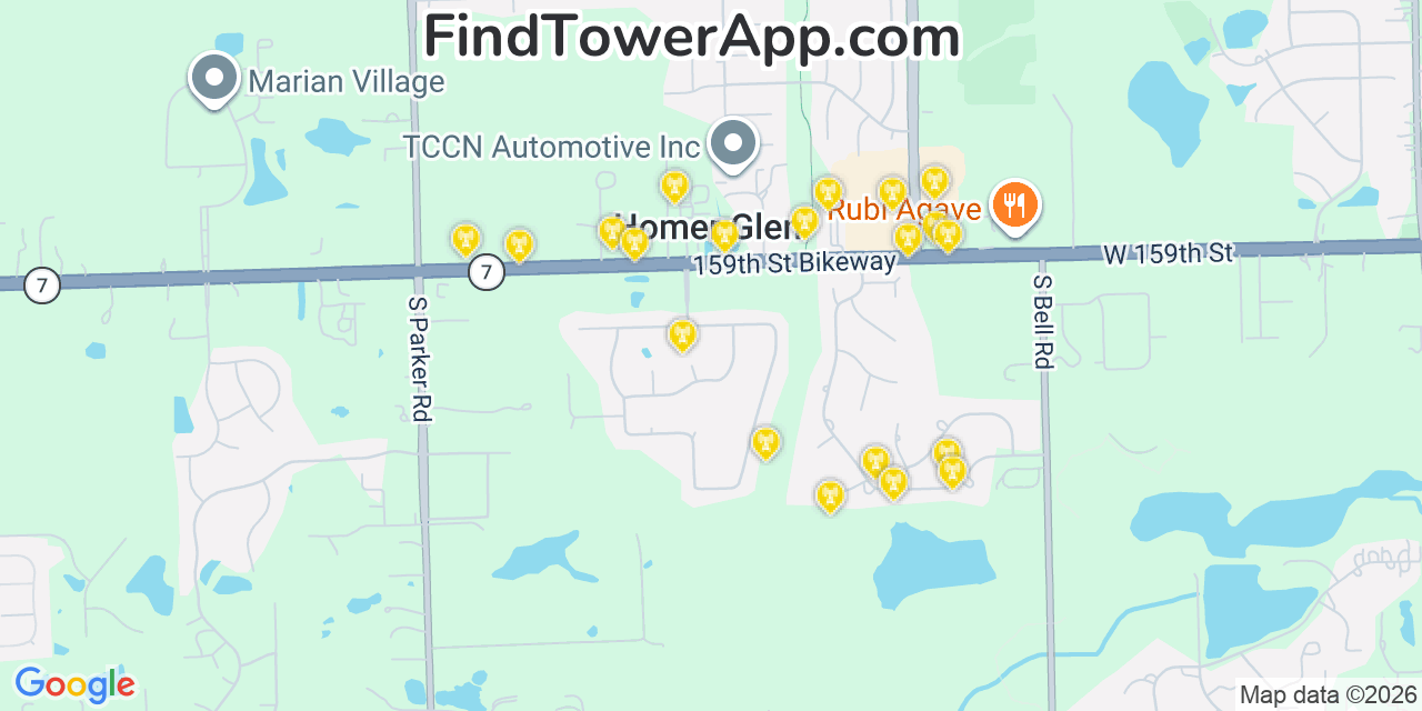 Map showing the 20 primary cell tower locations detected in Homer Glen, Illinois from AT&T, Verizon, and T-Mobile networks