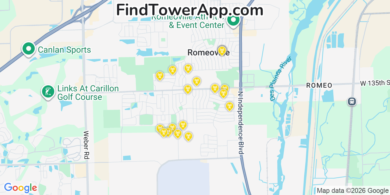 Map showing the 20 primary AT&T cell tower locations detected in Homer Glenn, Illinois with coverage radius and signal strength indicators