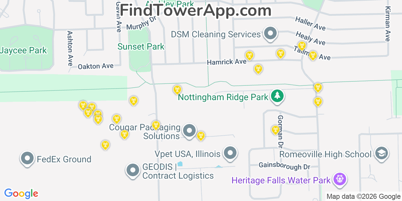 Map showing the 20 primary cell tower locations detected in Homer Glenn, Illinois from AT&T, Verizon, and T-Mobile networks