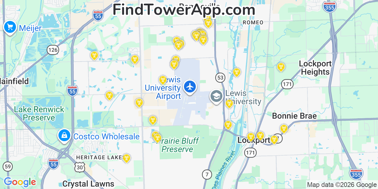Map showing the 33 primary T-Mobile cell tower locations detected in Homer Glenn, Illinois with coverage radius and signal strength indicators