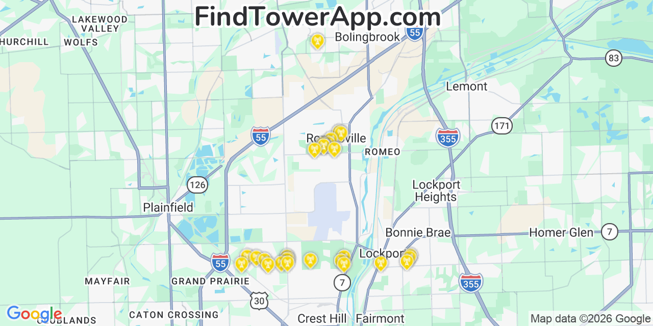 Map showing the 28 primary Verizon cell tower locations detected in Homer Glenn, Illinois with coverage radius and signal strength indicators