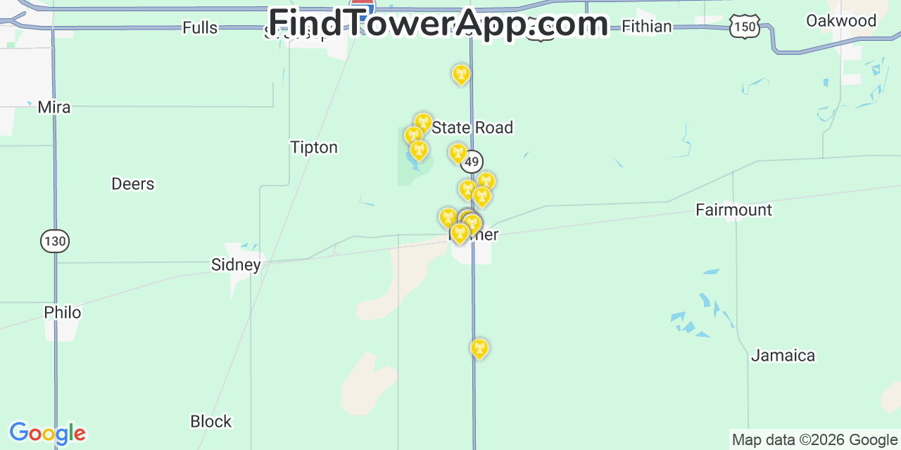 Map showing the 20 primary cell tower locations detected in Homer, Illinois from AT&T, Verizon, and T-Mobile networks