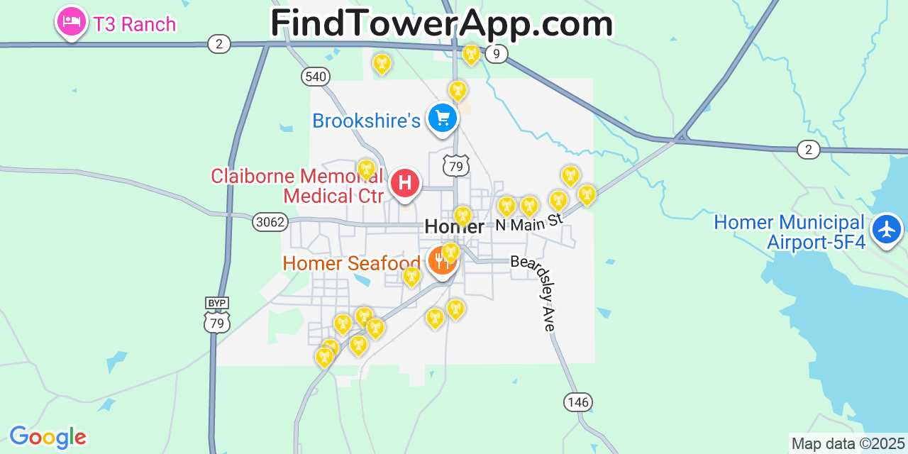 Map showing the 20 primary cell tower locations detected in Homer, Louisiana from AT&T, Verizon, and T-Mobile networks