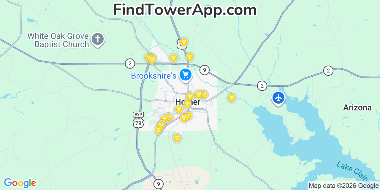 Map showing the 20 primary cell tower locations detected in Homer, Louisiana from AT&T, Verizon, and T-Mobile networks