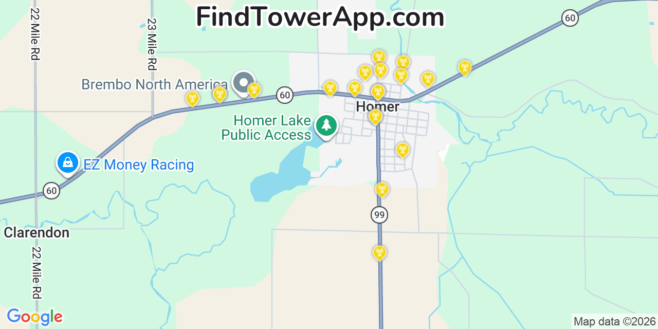 Map showing the 20 primary cell tower locations detected in Homer, Michigan from AT&T, Verizon, and T-Mobile networks