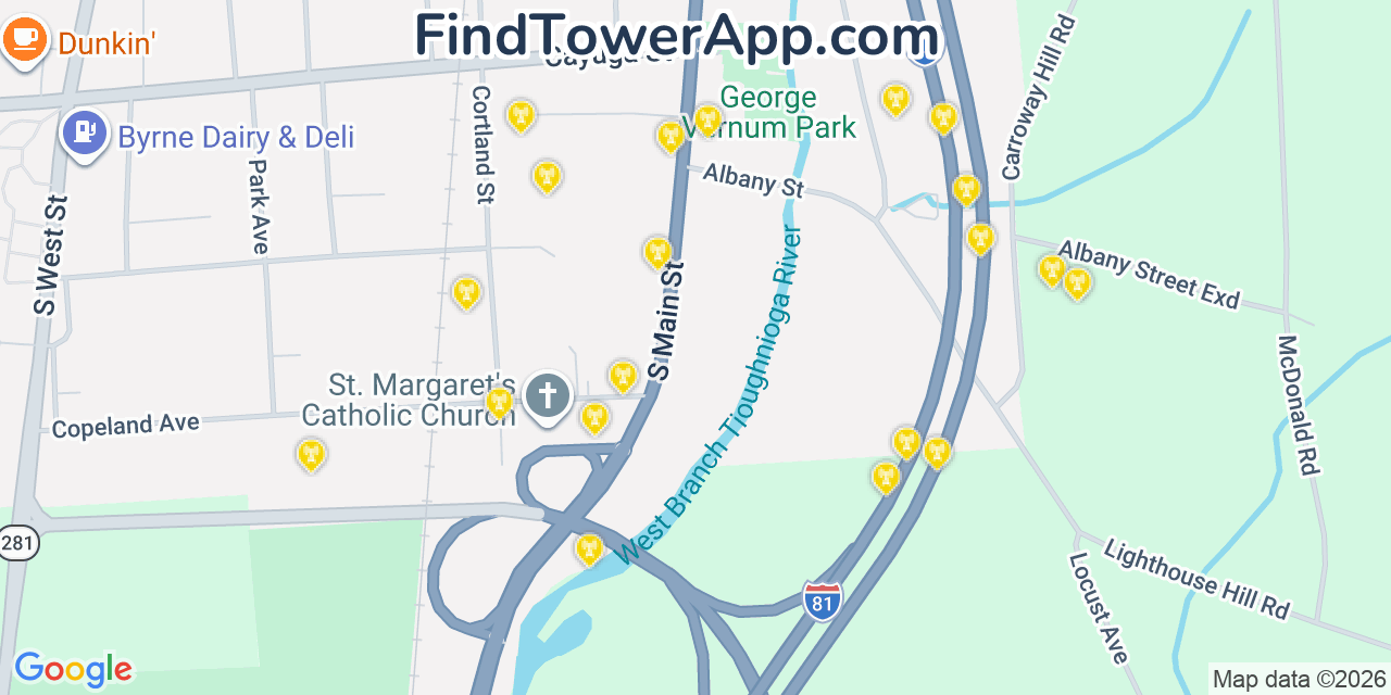 Map showing the 20 primary cell tower locations detected in Homer, New York from AT&T, Verizon, and T-Mobile networks