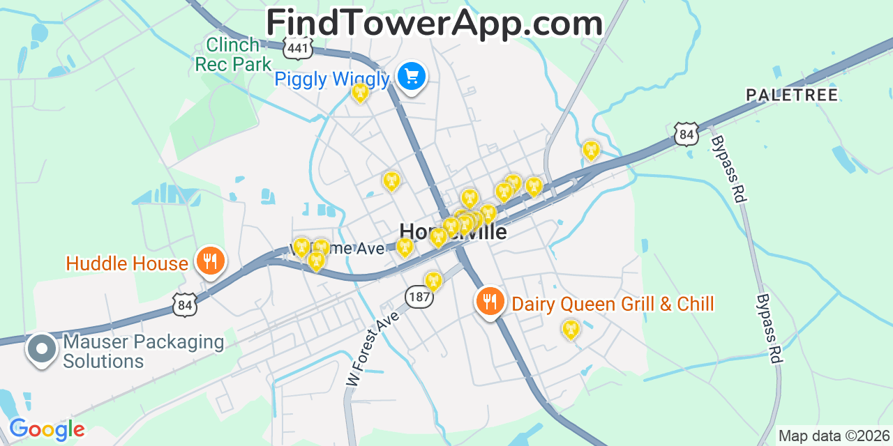 Map showing the 20 primary cell tower locations detected in Homerville, Georgia from AT&T, Verizon, and T-Mobile networks