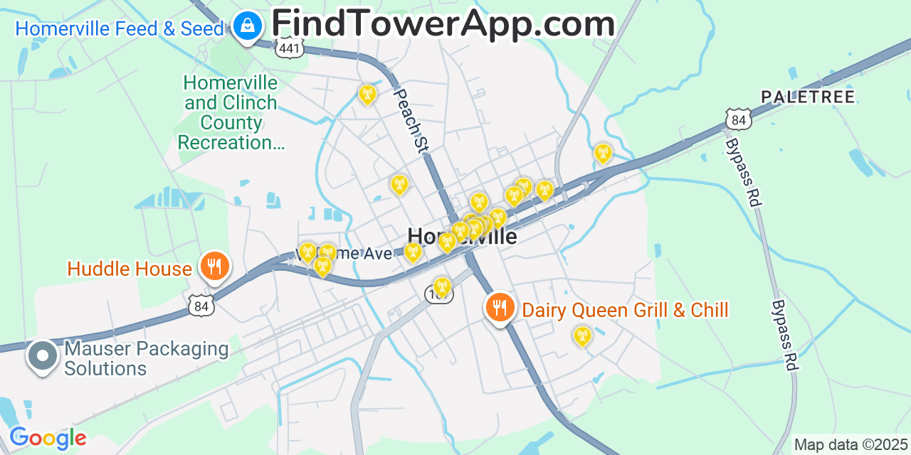 Map showing the 20 primary Mobitel cell tower locations detected in Homerville, Georgia with coverage radius and signal strength indicators