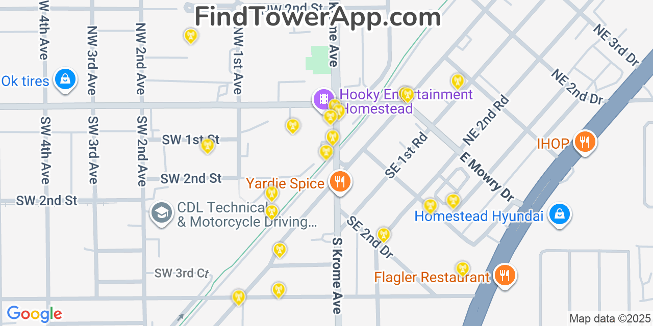 Map showing the 20 primary cell tower locations detected in Homestead, Florida from AT&T, Verizon, and T-Mobile networks