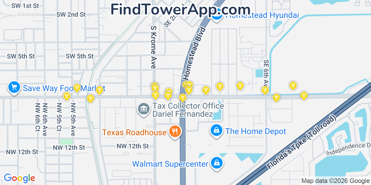 Map showing the 20 primary cell tower locations detected in Homestead, Florida from AT&T, Verizon, and T-Mobile networks