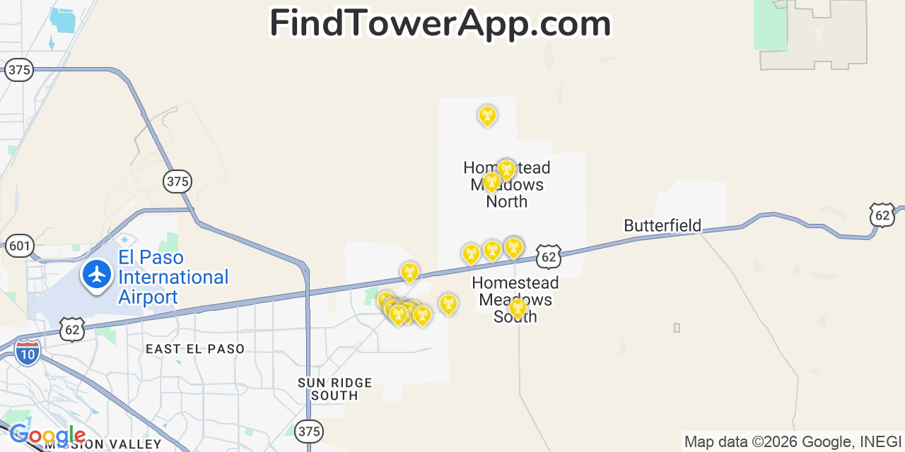 Map showing the 20 primary cell tower locations detected in Homestead Meadows North, Texas from AT&T, Verizon, and T-Mobile networks