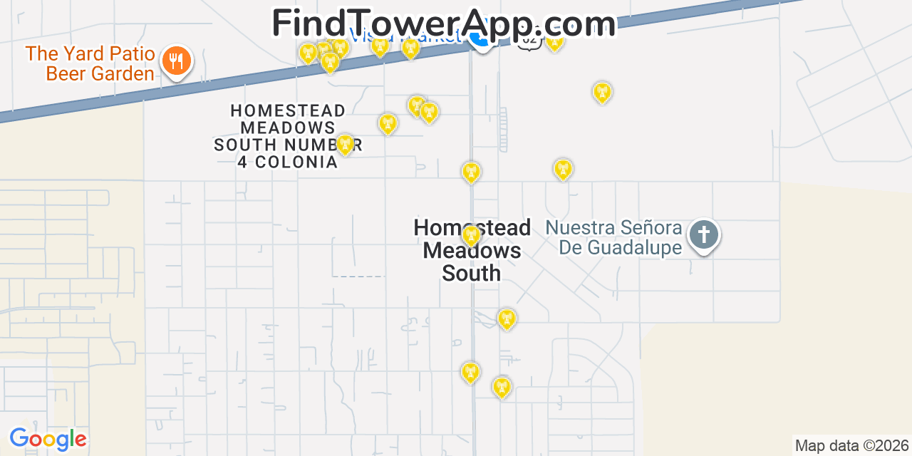 Map showing the 20 primary cell tower locations detected in Homestead Meadows South, Texas from AT&T, Verizon, and T-Mobile networks
