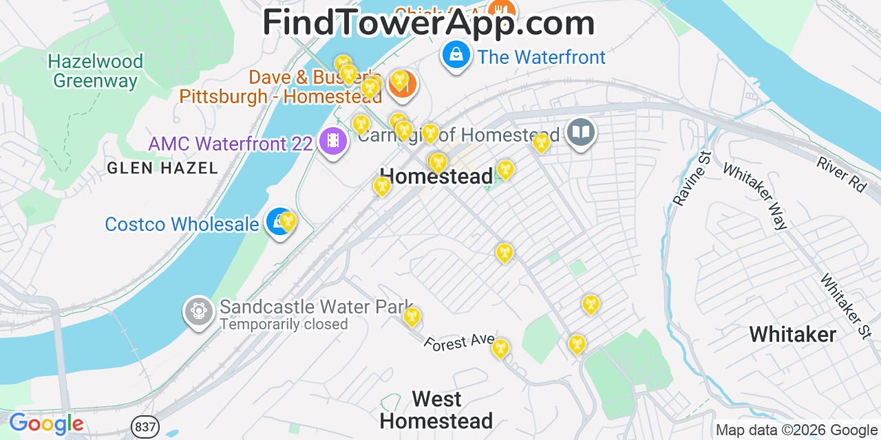 Map showing the 20 primary cell tower locations detected in Homestead, Pennsylvania from AT&T, Verizon, and T-Mobile networks