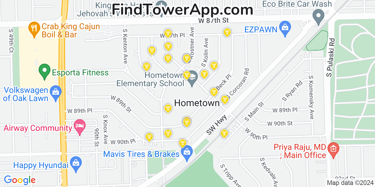 AT&T 4G/5G cell tower coverage map Hometown, Illinois