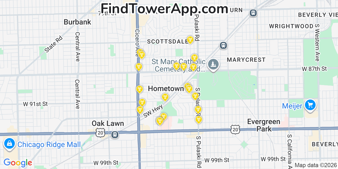 Map showing the 20 primary cell tower locations detected in Hometown, Illinois from AT&T, Verizon, and T-Mobile networks