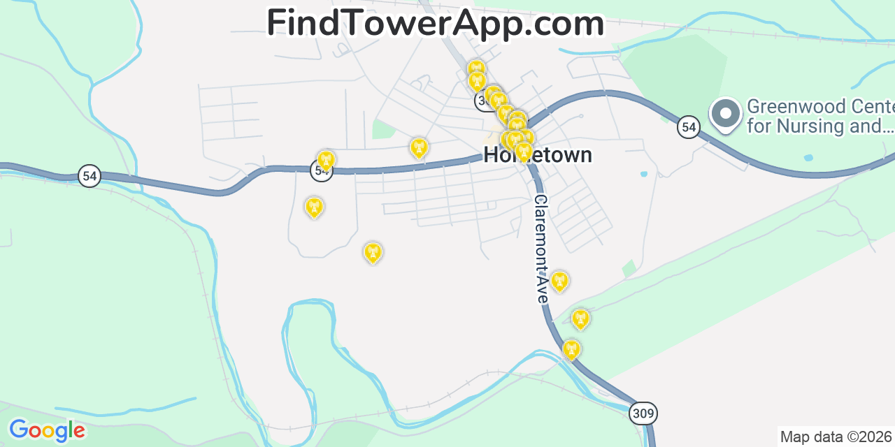 Map showing the 20 primary cell tower locations detected in Hometown, Pennsylvania from AT&T, Verizon, and T-Mobile networks