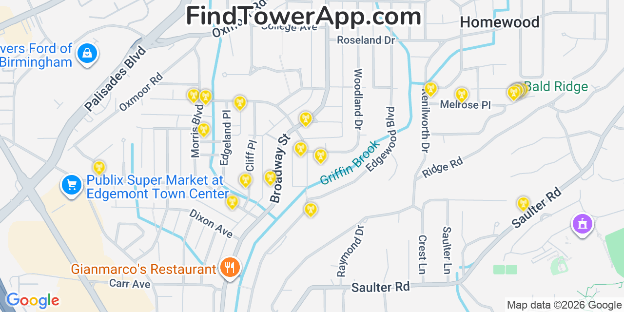 Map showing the 20 primary cell tower locations detected in Homewood, Alabama from AT&T, Verizon, and T-Mobile networks