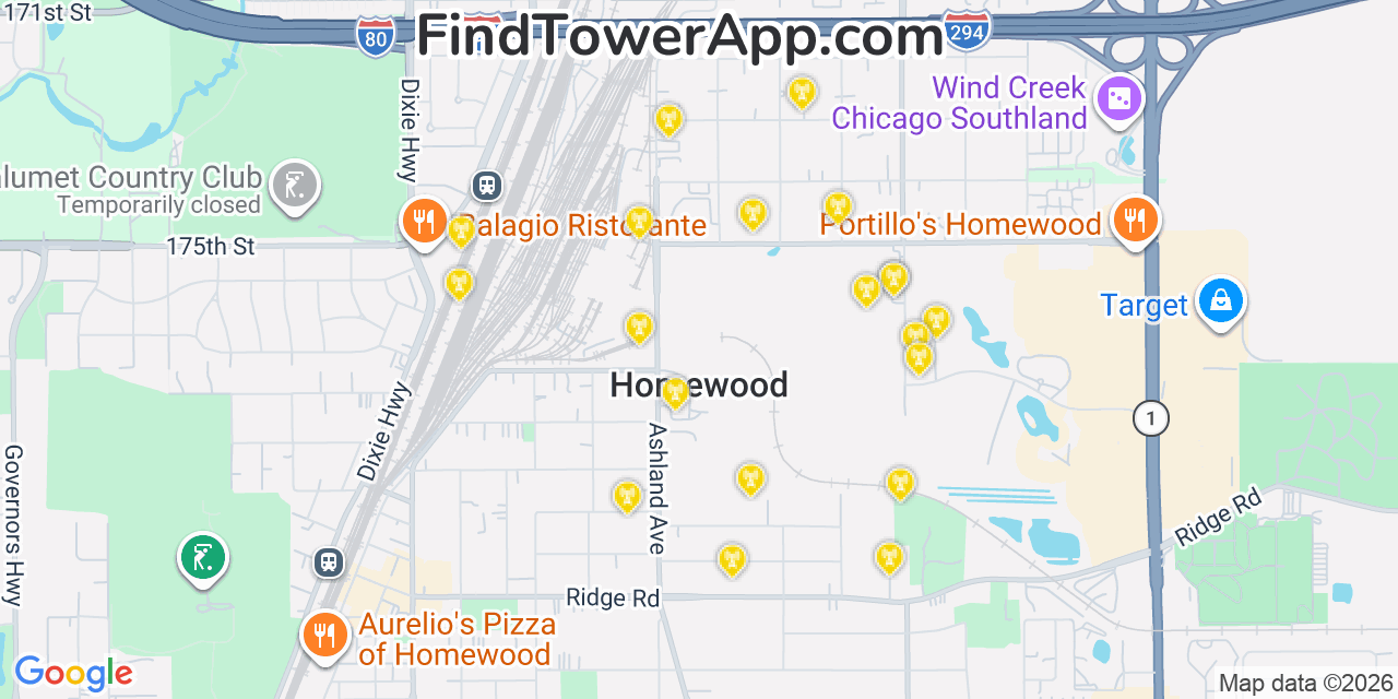 Map showing the 20 primary cell tower locations detected in Homewood, Illinois from AT&T, Verizon, and T-Mobile networks