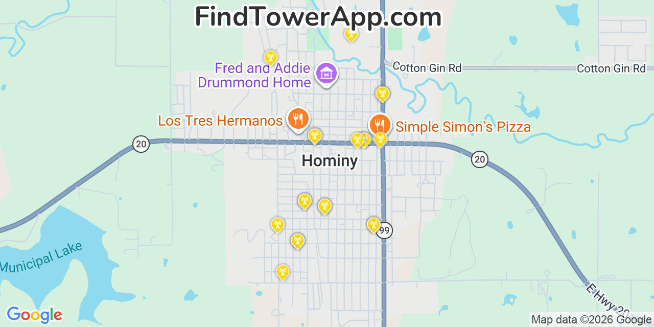 Map showing the 20 primary cell tower locations detected in Hominy, Oklahoma from AT&T, Verizon, and T-Mobile networks