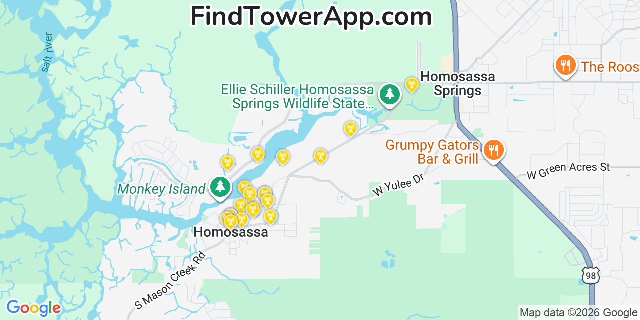 Map showing the 20 primary cell tower locations detected in Homosassa, Florida from AT&T, Verizon, and T-Mobile networks