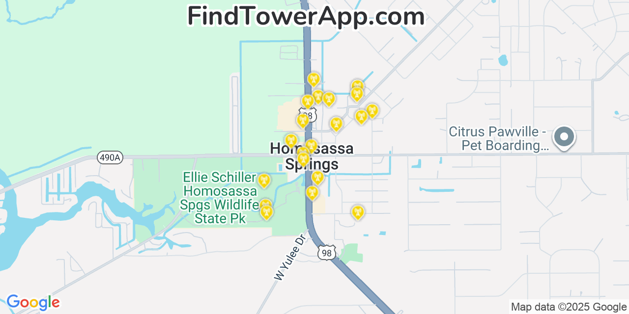 Map showing the 20 primary cell tower locations detected in Homosassa Springs, Florida from AT&T, Verizon, and T-Mobile networks