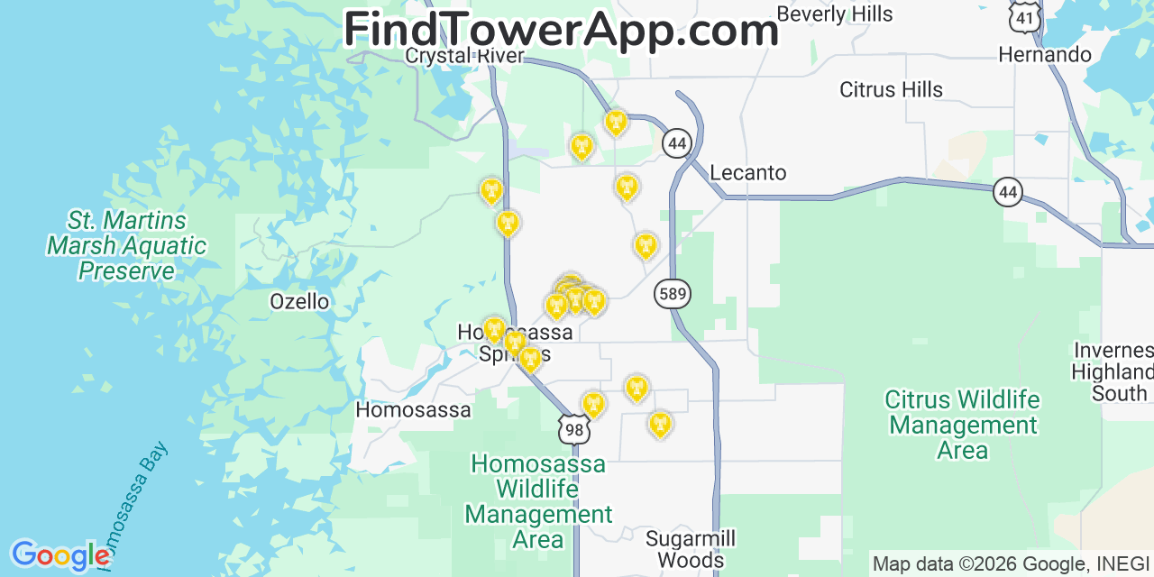 Map showing the 20 primary cell tower locations detected in Homosassa Springs, Florida from AT&T, Verizon, and T-Mobile networks