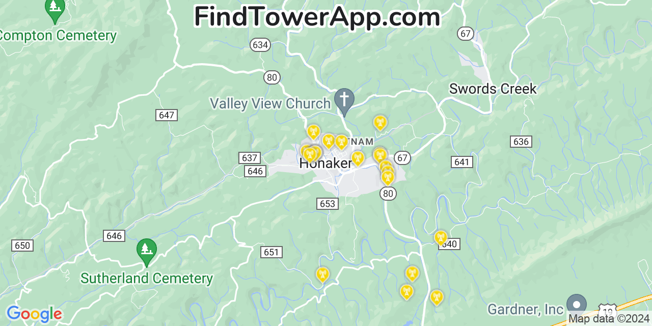 AT&T 4G/5G cell tower coverage map Honaker, Virginia