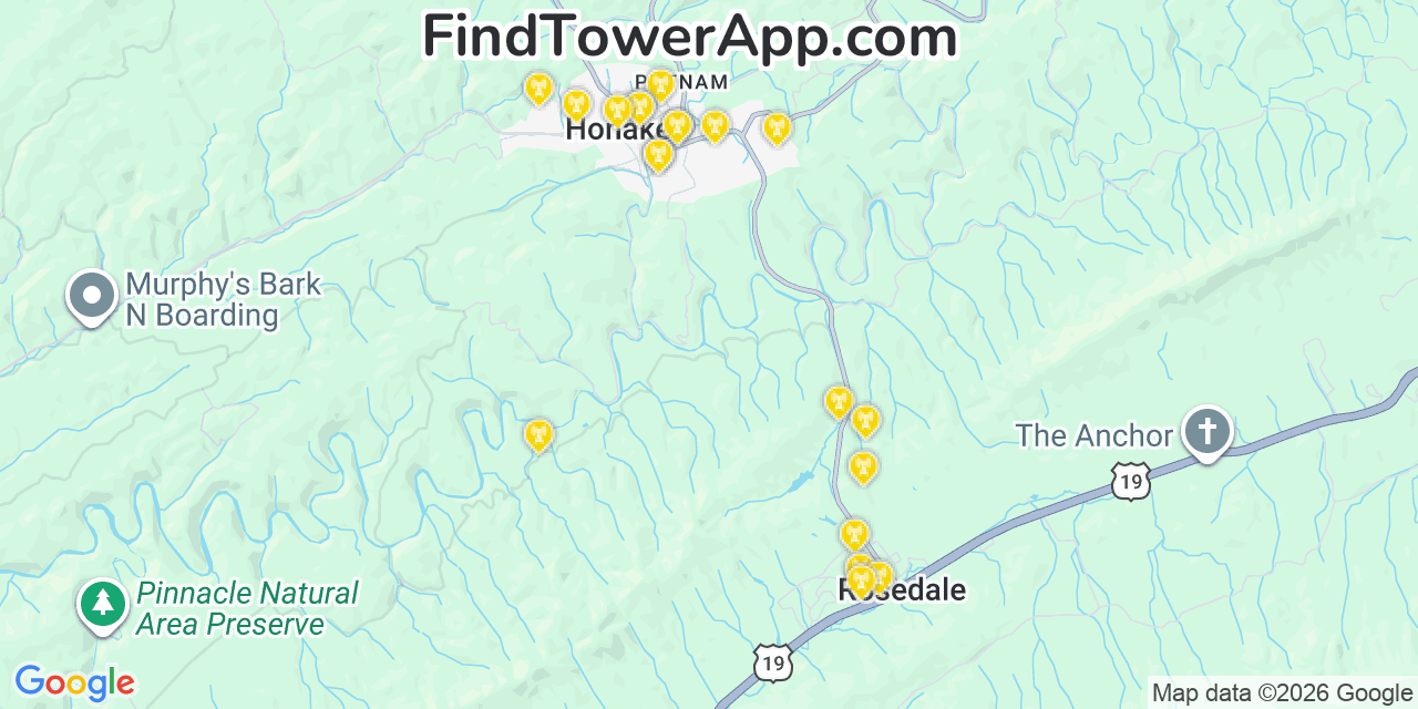 Map showing the 20 primary cell tower locations detected in Honaker, Virginia from AT&T, Verizon, and T-Mobile networks