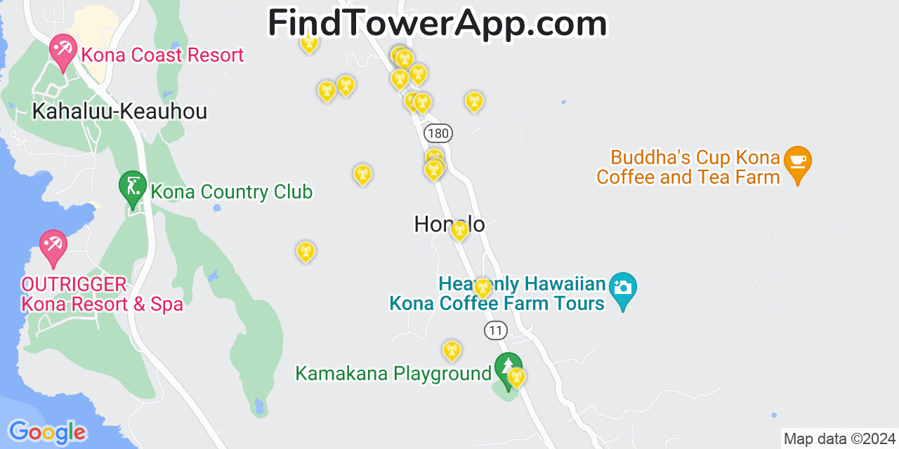 AT&T 4G/5G cell tower coverage map Honalo, Hawaii