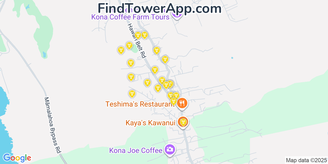 Map showing the 20 primary cell tower locations detected in Honalo, Hawaii from AT&T, Verizon, and T-Mobile networks