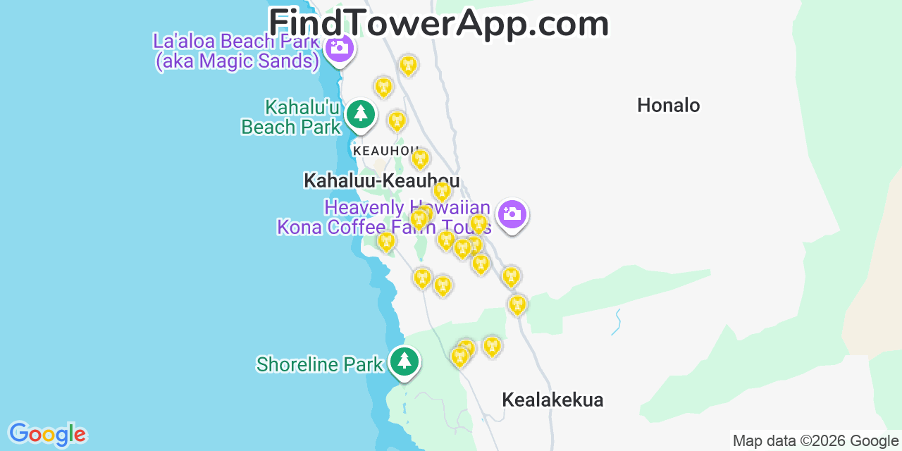Map showing the 20 primary cell tower locations detected in Honalo, Hawaii from AT&T, Verizon, and T-Mobile networks