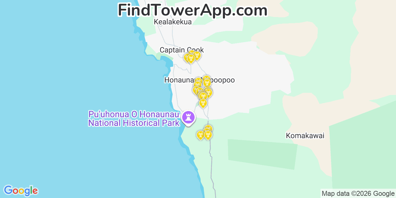 Map showing the 20 primary cell tower locations detected in Honaunau Napoopoo, Hawaii from AT&T, Verizon, and T-Mobile networks