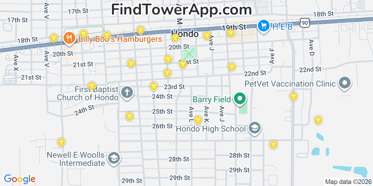 Map showing the 20 primary cell tower locations detected in Hondo, Texas from AT&T, Verizon, and T-Mobile networks