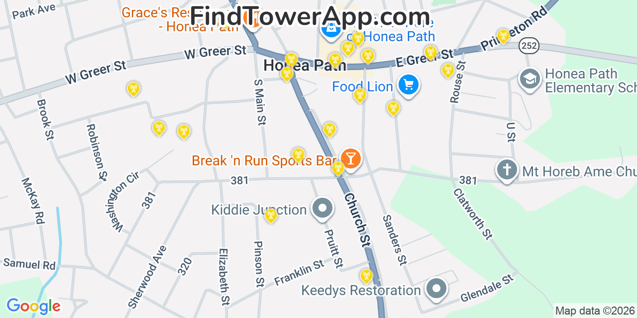 Map showing the 20 primary cell tower locations detected in Honea Path, South Carolina from AT&T, Verizon, and T-Mobile networks