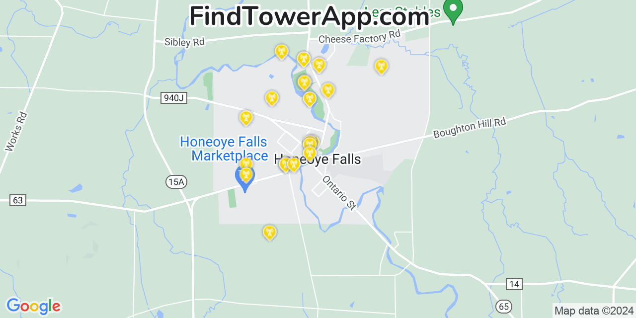 AT&T 4G/5G cell tower coverage map Honeoye Falls, New York