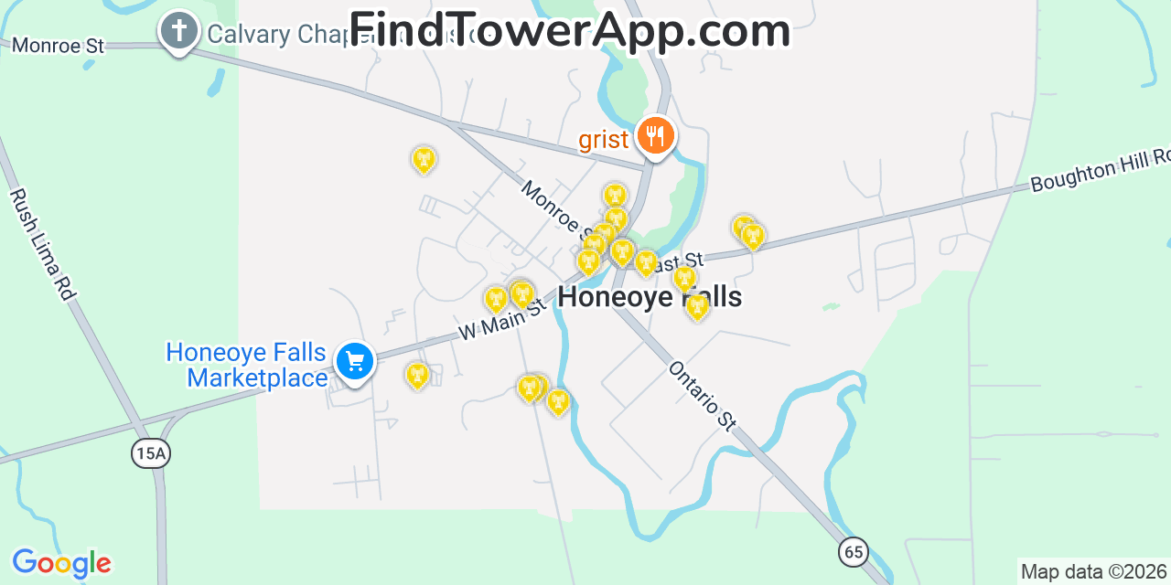 Map showing the 20 primary cell tower locations detected in Honeoye Falls, New York from AT&T, Verizon, and T-Mobile networks