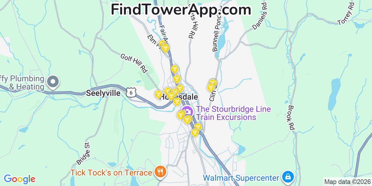 Map showing the 20 primary cell tower locations detected in Honesdale, Pennsylvania from AT&T, Verizon, and T-Mobile networks