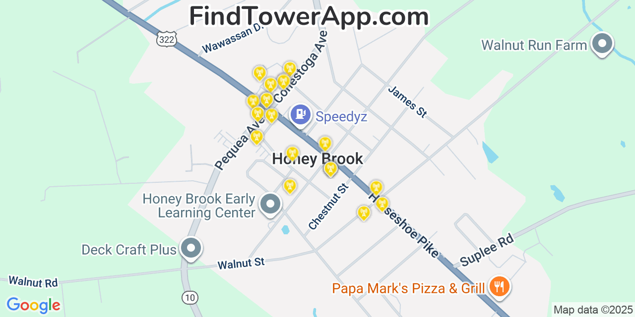 Map showing the 20 primary cell tower locations detected in Honey Brook, Pennsylvania from AT&T, Verizon, and T-Mobile networks