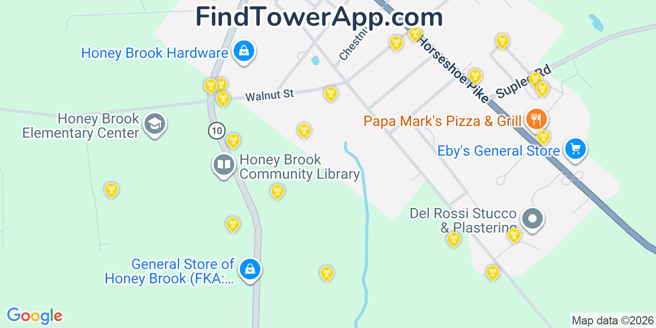 Map showing the 20 primary cell tower locations detected in Honey Brook, Pennsylvania from AT&T, Verizon, and T-Mobile networks